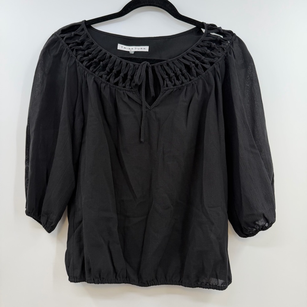 Trina Turk Black Cotton Crepe Peasant Blouse Womens S Braided Tie Neck Boho